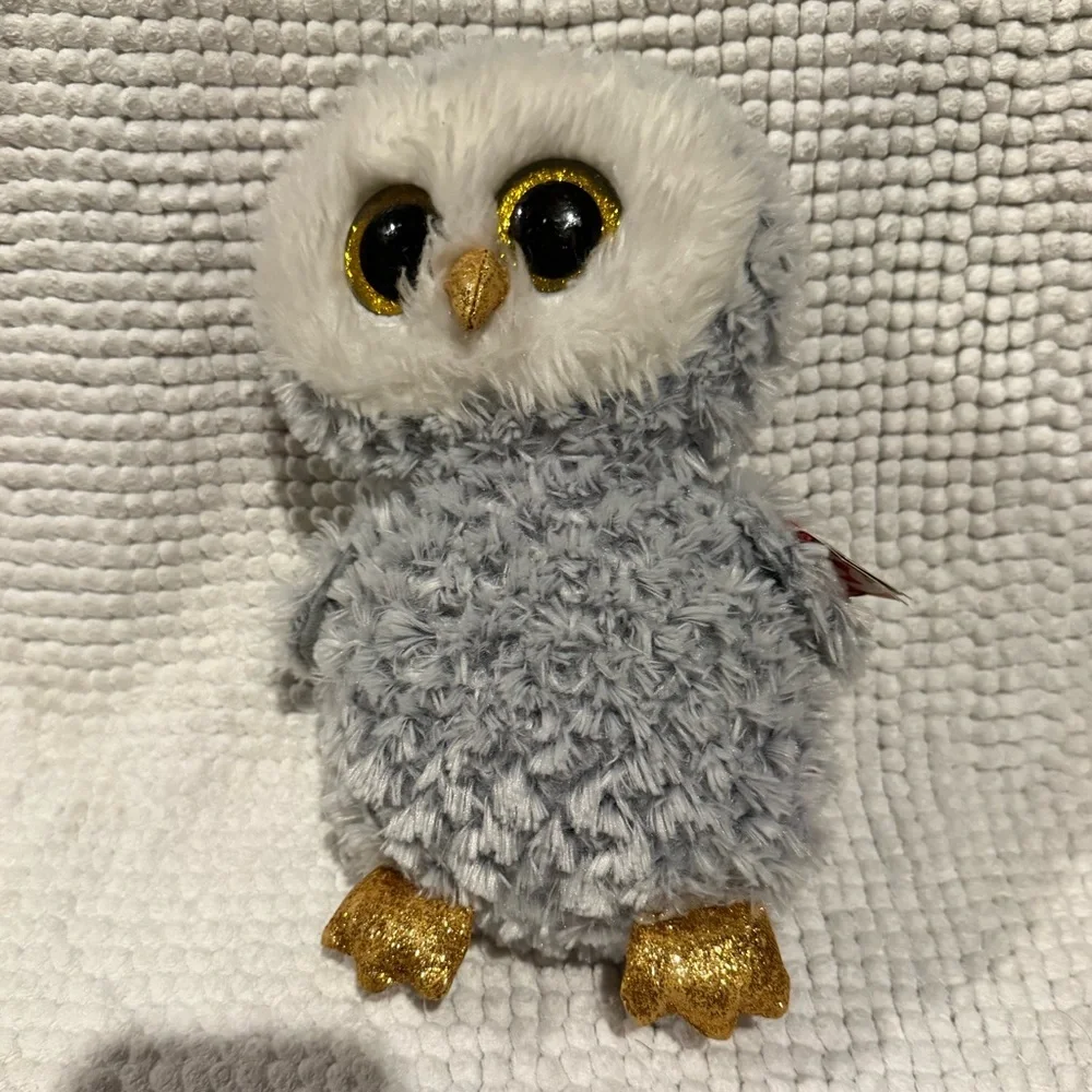 Ty Plush Grey and White Owl Toy with Gold Beak and Feet - Owlette